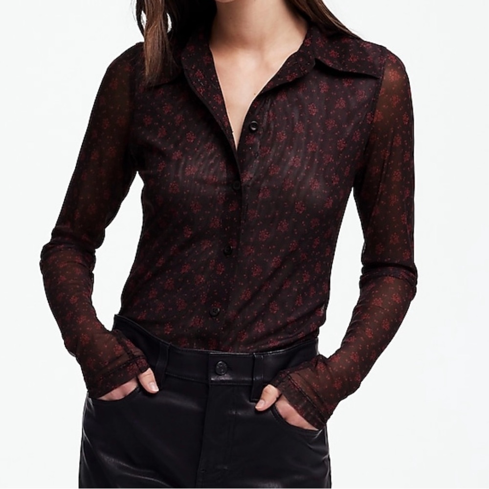 Madewell Long-Sleeve Button-Front Top in Floral Mesh Sz M NWT $85